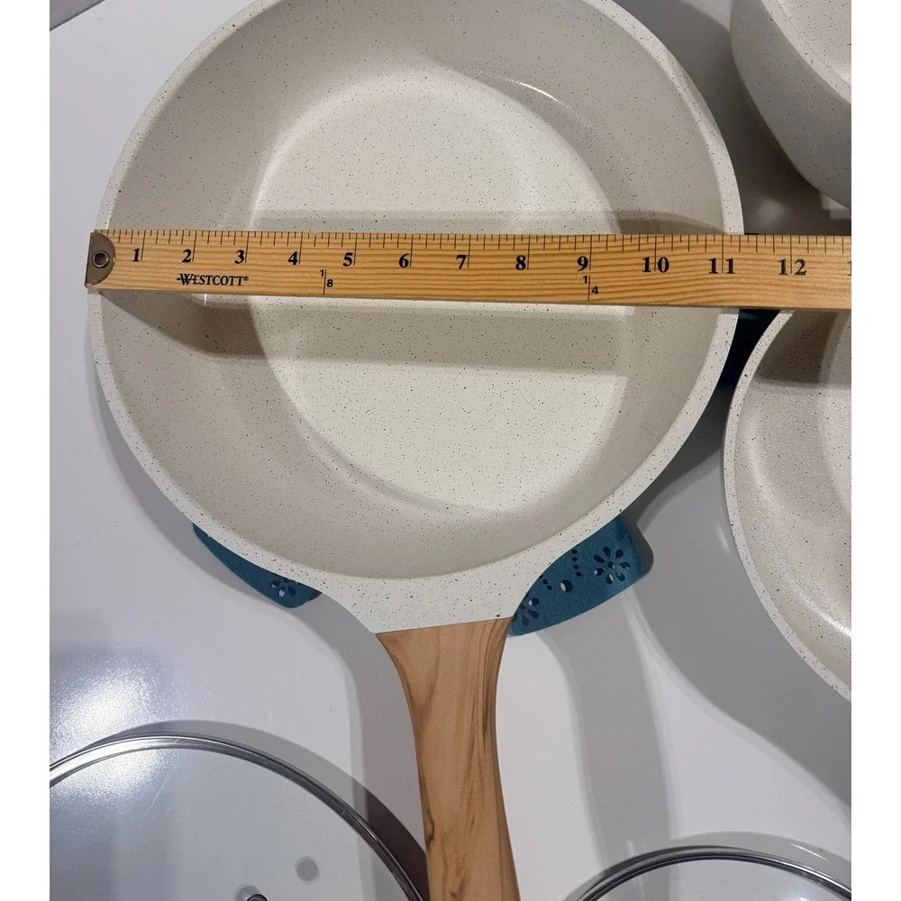 THE PIONEER WOMAN Cookware Set - Cream Speckle Wood Handles 6pc Set - NEW